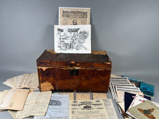 Image for Collection of Antique & Vintage Ephemera with Leather Trunk Full of Old Letters, Documents, Publications & Prints