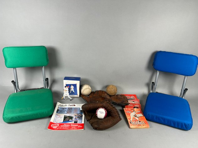 Image for Collection of Baseball Memorabilia Including Signed Vintage Leather Gloves, 2014 World Series Baseball, Who's Who Guides, Mickey Mantle Ornamnet & Stadium Seats