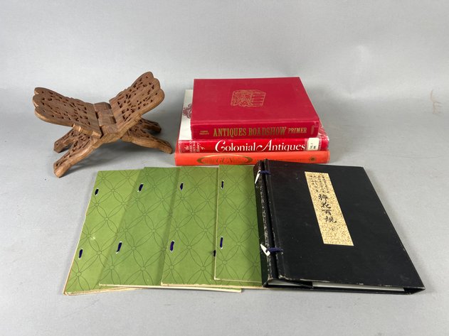 Image for Collection of Coffee Table Books on Antiques, Firearms & Asian Art with Carved Wood Folding Bookstand