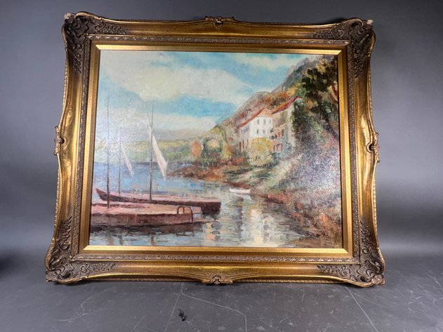 Image for Vintage Canvas Waterfront Landscape Featuring Boats with Ornate Wooden Frame