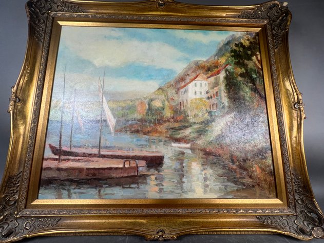 Image for Vintage Canvas Waterfront Landscape Featuring Boats with Ornate Wooden Frame