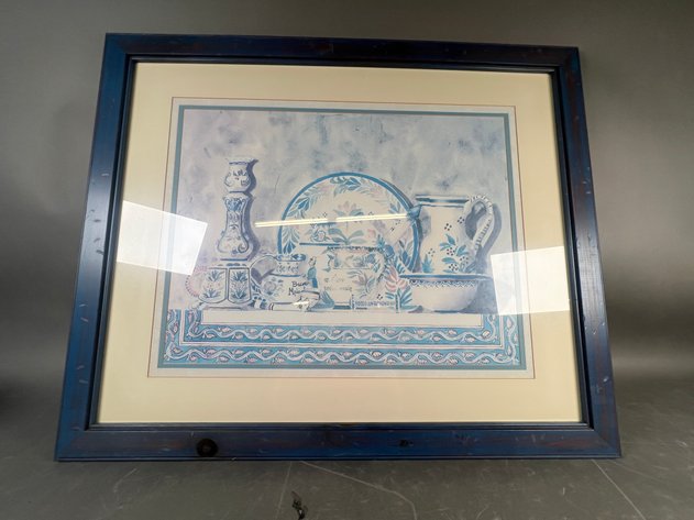 Image for Vintage Framed Print of Blue and White Ceramic Tableware