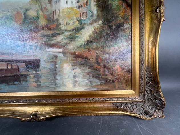 Image for Vintage Canvas Waterfront Landscape Featuring Boats with Ornate Wooden Frame