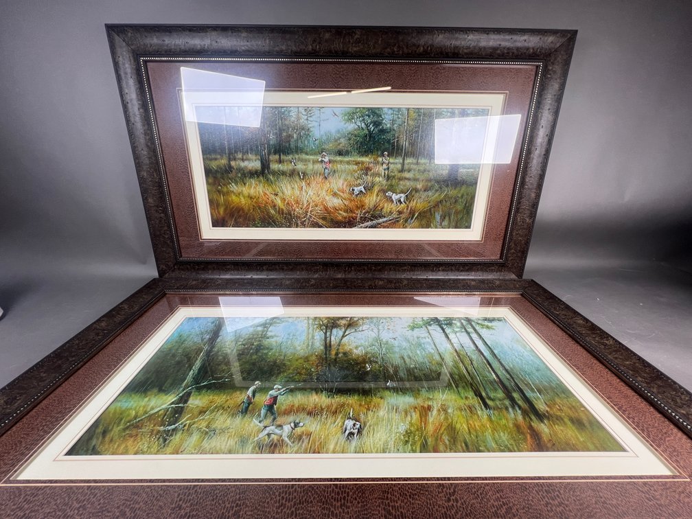 Pair of Framed Landscape Hunting with Hunting Dog Scenes with Detailed Texture Frame