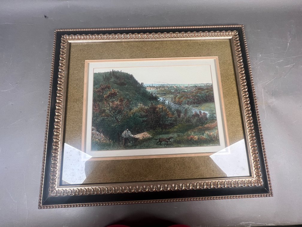 Vintage Landscape Hunting Print Scene with Ornate Wood Frame