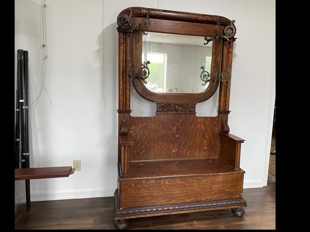 Image for Antique Tiger Oak Hall Tree with Beveled Mirror & Brass Coat Hooks