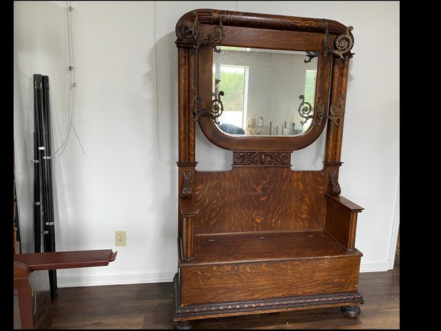 Image for Antique Tiger Oak Hall Tree with Beveled Mirror & Brass Coat Hooks