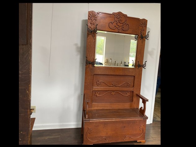 Image for Antique Quarter-Swan Oak Hall Tree with Beveled Mirror & Cast Iron Coat Hooks