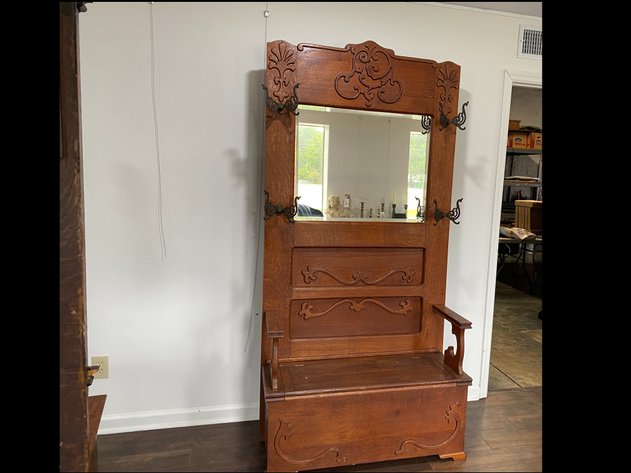 Image for Antique Quarter-Swan Oak Hall Tree with Beveled Mirror & Cast Iron Coat Hooks