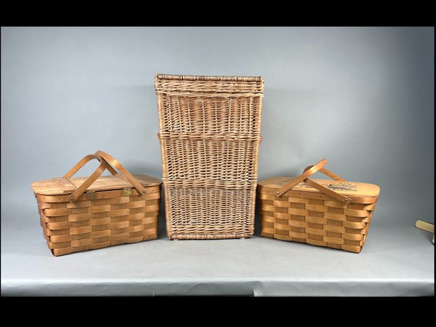 Image for Pair of Vintage Basketville of Putney, Vermont Woven Baskets & Wicker Hamper