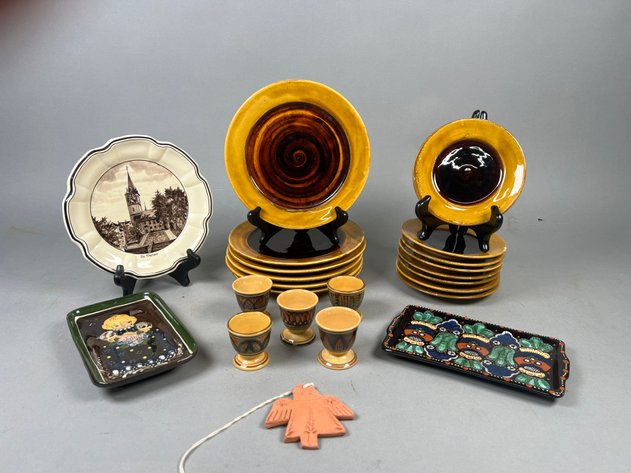 Image for Collection of Decorative Art Pottery & Ceramics Including Amber Glazed Plates, Footed Cups, St. Peter Scenic Plate & Hand-Painted Trays