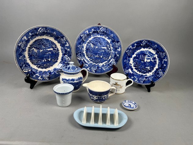 Image for Collection of Vintage Blue & White Ceramics Including Wedgwood Landscape Plates, Blue Willow Creamer & More