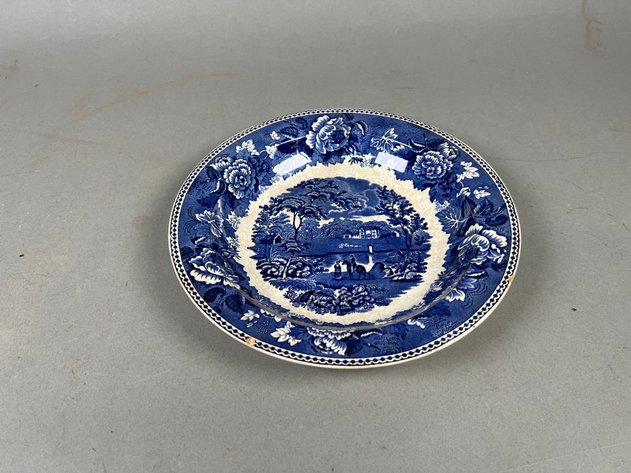 Image for Collection of Vintage Blue & White Ceramics Including Wedgwood Landscape Plates, Blue Willow Creamer & More