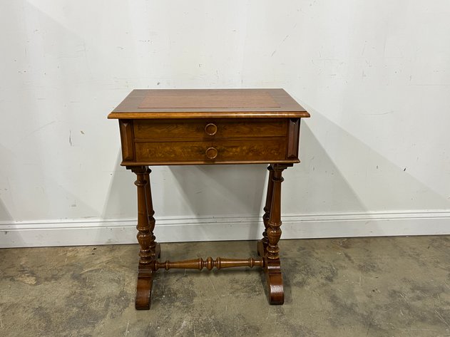 Image for Antique Burl Wood Two-Drawer Work Table with Turned Trestle Base