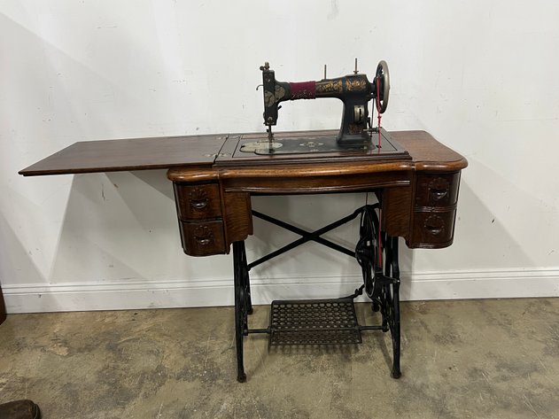 Image for Antique White Rotary Treadle Sewing Machine Oak Cabinet with Cast Iron Base