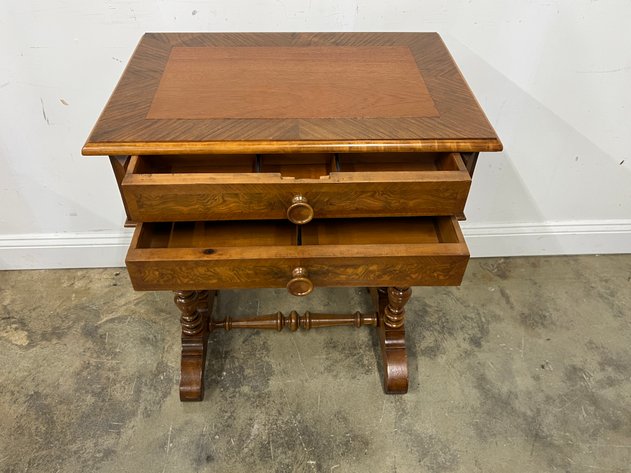 Image for Antique Burl Wood Two-Drawer Work Table with Turned Trestle Base