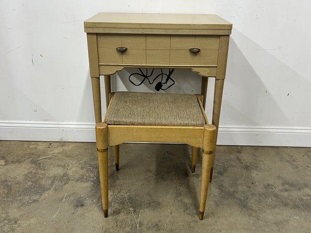 Image for Vintage Mid-Century Singer Sewing Machine Cabinet with Matching Stool & Accessories