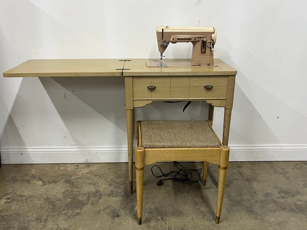 Image for Vintage Mid-Century Singer Sewing Machine Cabinet with Matching Stool & Accessories