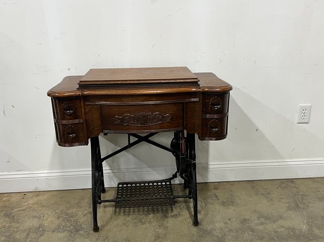 Image for Antique White Rotary Treadle Sewing Machine Oak Cabinet with Cast Iron Base
