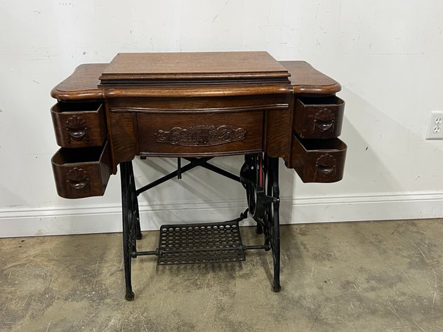 Image for Antique White Rotary Treadle Sewing Machine Oak Cabinet with Cast Iron Base