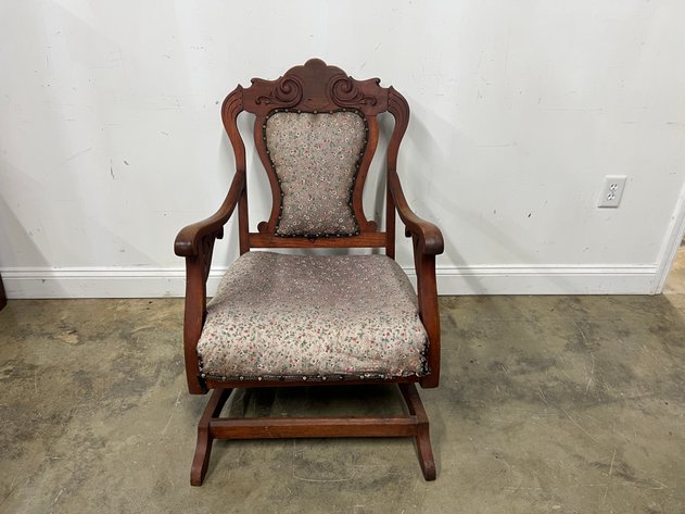 Image for Antique Carved Wood Upholstered Rocking Chair with Floral Fabric