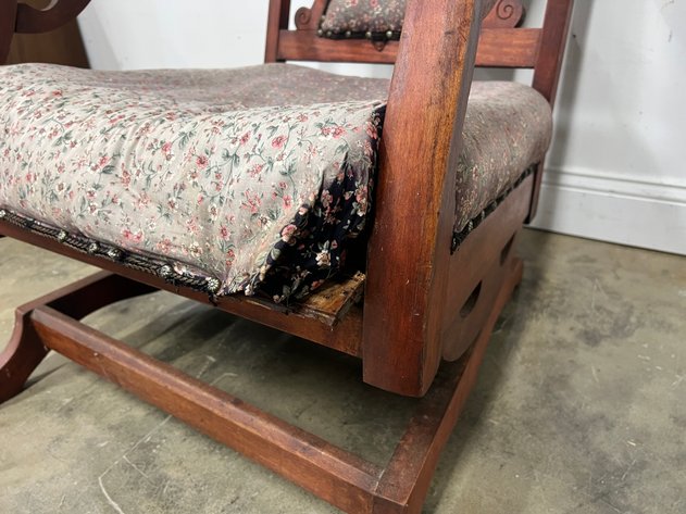 Image for Antique Carved Wood Upholstered Rocking Chair with Floral Fabric