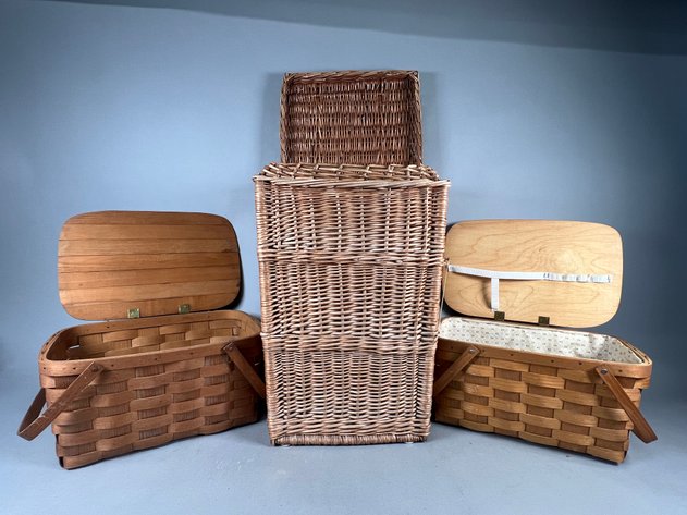 Image for Pair of Vintage Basketville of Putney, Vermont Woven Baskets & Wicker Hamper