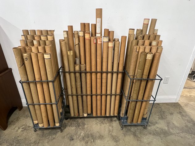 Image for (3) Vintage Rolling Blueprint/Map Storage Racks with Various Blueprints & Maps