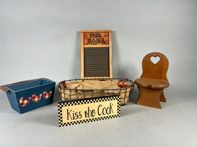 Image for Vintage Country Kitchen Décor Including Dubl Handi Washboard, Wooden Chair, Wire Basket & More