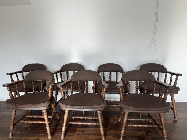 Image for (7) Vintage Buckstaff Oak Captain's Chairs with Upholstered Sears & Spindle Backs