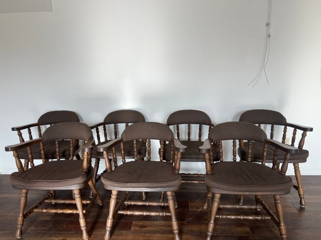 Image for (7) Vintage Buckstaff Oak Captain's Chairs with Upholstered Sears & Spindle Backs