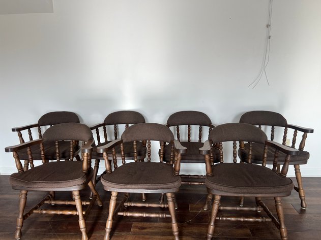 Image for (7) Vintage Buckstaff Oak Captain's Chairs with Upholstered Sears & Spindle Backs