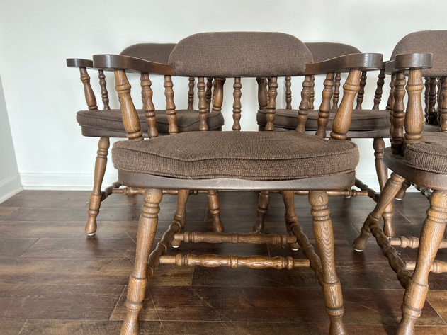 Image for (7) Vintage Buckstaff Oak Captain's Chairs with Upholstered Sears & Spindle Backs