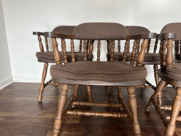 Image for (7) Vintage Buckstaff Oak Captain's Chairs with Upholstered Sears & Spindle Backs