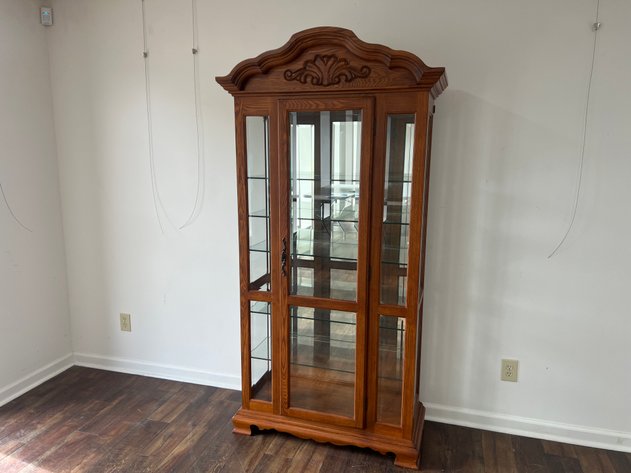 Image for Vineyard Furniture International Lighted Oak Curio Display Cabinet with Glass Shelves & Mirrored Back
