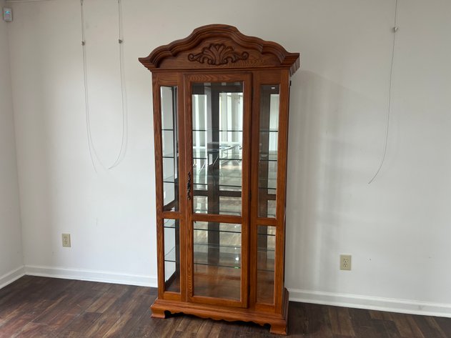 Image for Vineyard Furniture International Lighted Oak Curio Display Cabinet with Glass Shelves & Mirrored Back