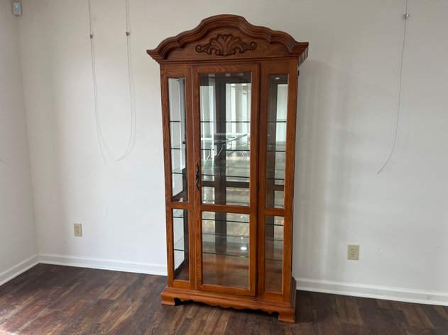 Image for Vineyard Furniture International Lighted Oak Curio Display Cabinet with Glass Shelves & Mirrored Back