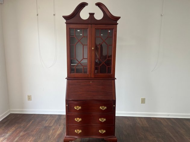 Image for Vintage Chippendale-Style Mahogany Secretary Desk with Glass Bookcase Hutch