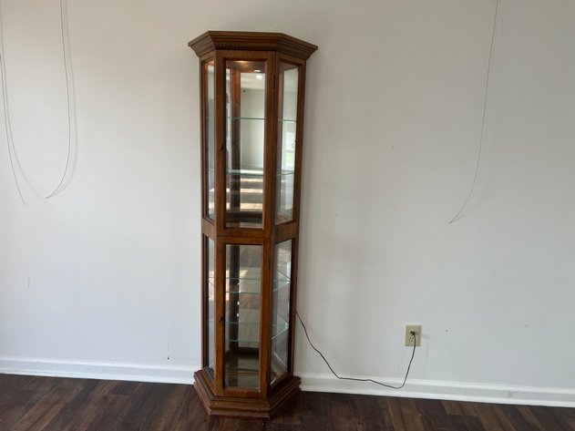 Image for Vintage Lighted Hexagonal Curio Display Cabinet with Glass Shelves & Mirrored Back