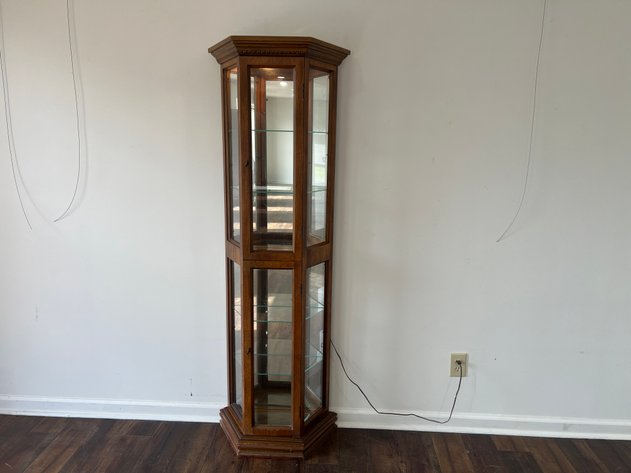 Image for Vintage Lighted Hexagonal Curio Display Cabinet with Glass Shelves & Mirrored Back