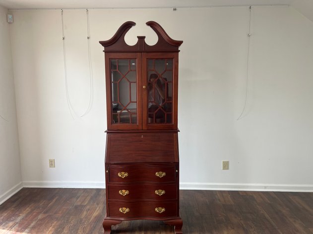 Image for Vintage Chippendale-Style Mahogany Secretary Desk with Glass Bookcase Hutch