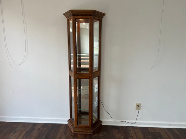 Image for Vintage Lighted Hexagonal Curio Display Cabinet with Glass Shelves & Mirrored Back