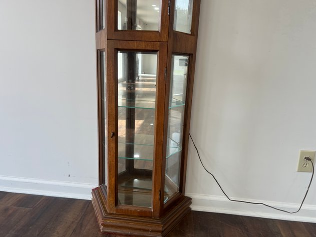Image for Vintage Lighted Hexagonal Curio Display Cabinet with Glass Shelves & Mirrored Back
