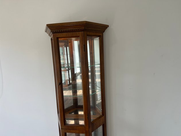 Image for Vintage Lighted Hexagonal Curio Display Cabinet with Glass Shelves & Mirrored Back