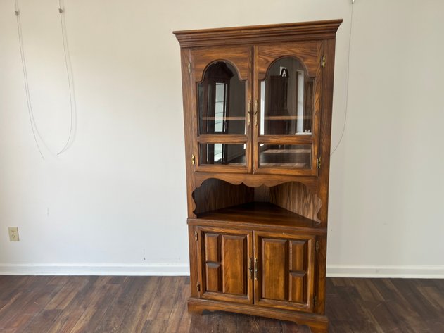 Image for Vintage Cochrane Oak Corner China Cabinet Hutch with Glass Doors & Open Display Shelf