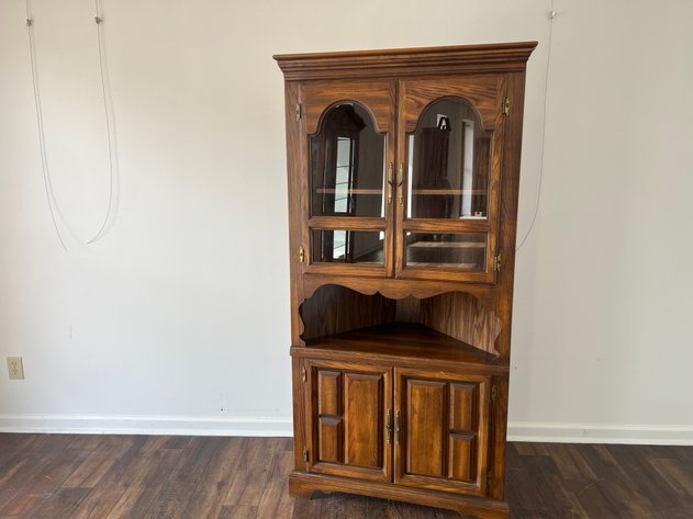Image for Vintage Cochrane Oak Corner China Cabinet Hutch with Glass Doors & Open Display Shelf