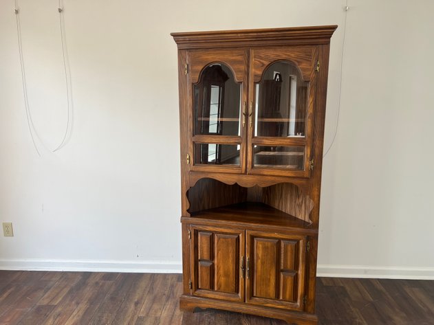 Image for Vintage Cochrane Oak Corner China Cabinet Hutch with Glass Doors & Open Display Shelf