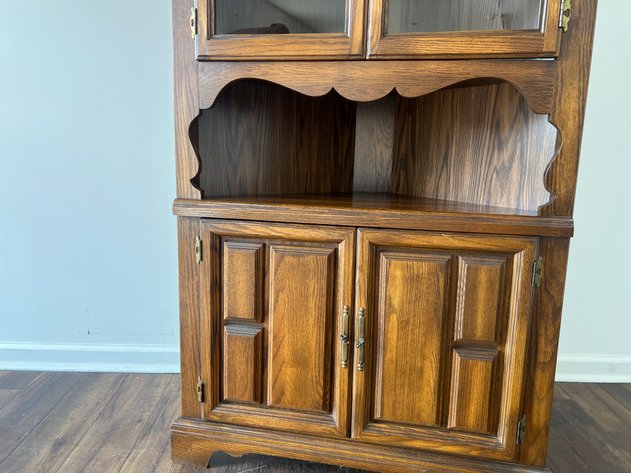 Image for Vintage Cochrane Oak Corner China Cabinet Hutch with Glass Doors & Open Display Shelf