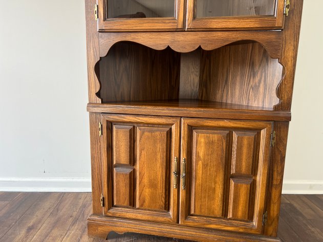 Image for Vintage Cochrane Oak Corner China Cabinet Hutch with Glass Doors & Open Display Shelf