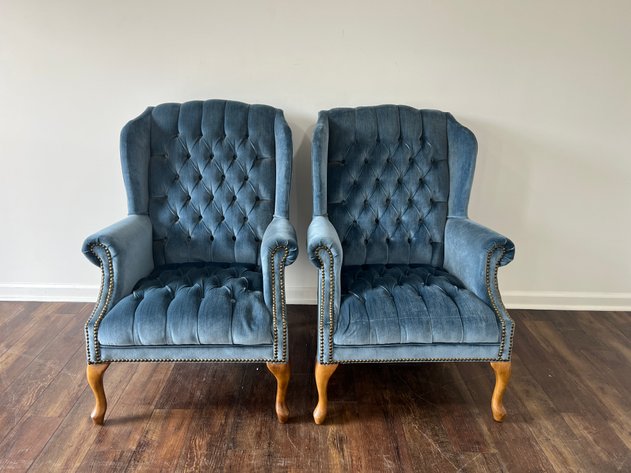 Image for Pair of Blue Velvet Tufted Wingback Armchairs with Brass Nailhead Trim